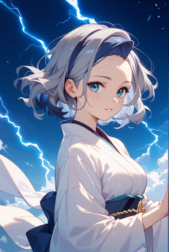 (masterpiece), hdr, proud mood,cleavage
yamato, earrings, hair stick, bare shoulders, japanese clothes, kimono, rope, sleeveless kimono, shimenawa, high ponytail,
 black background,  dim light,  looking at viewer, lightning effect