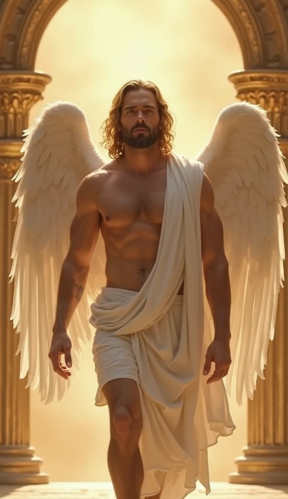 (masterpiece, top quality, best quality, official art, beautiful and aesthetic:1.2), full body, extreme detailed,(fractal art:1.3),colorful,highest detailed, angelic character, wings, halo on back of head, white and gold colors, jewelry, smug face, genderless, intricate outfit, intricate design, sunkissed tan skin, flat chest, thin thighs, robe, long curly hair, masculine, twink