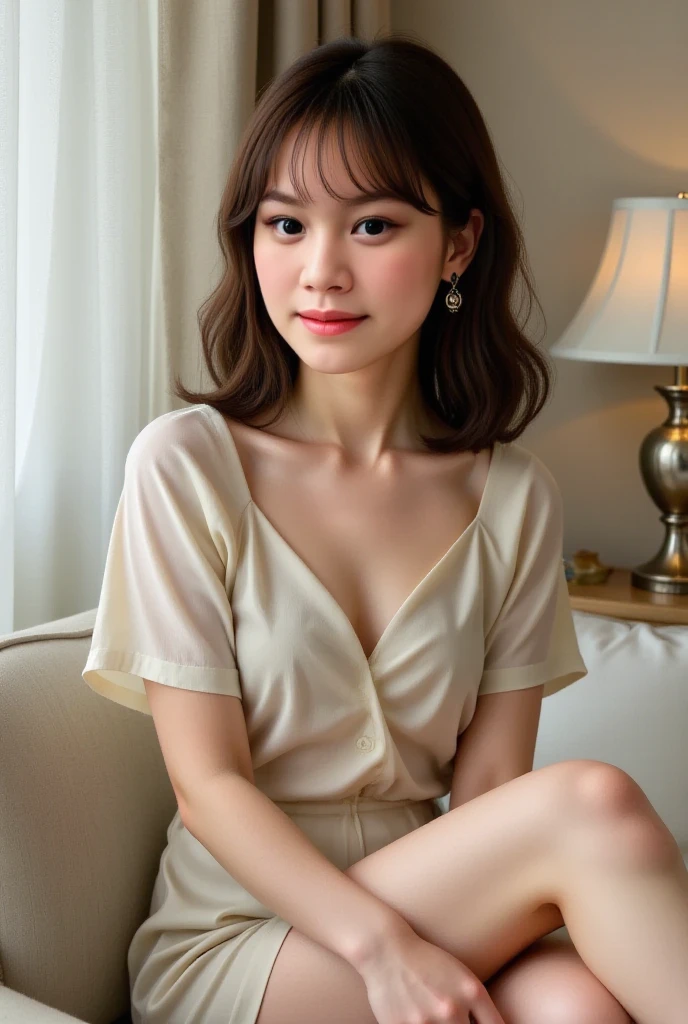1womanl, 20yr old、Colossal tits ((Beautiful shiny straight semi-long:1.2)),Beautiful fingers,Beautiful long legs,Beauty Body,Cute nose,Beautiful bare skin、perfect eyes,Perfect and realistic face,ighly detailed ,(tmasterpiece:1.0),(best_quality:1.0), 超A high resolution,4K,ultra - detailed, photography of, 8K, nffsw, hight resolution, the background is blurred, (Beautiful_Face:1.5)、(The background is a café restaurant at night:1.3),(White Brown Sheer Flared Long Skirt:1.3),(Colossal tits) Backgrounds with depth Three-dimensional feeling ((White Beige Nit Ultra Fine Yarn Camisole、Very fine buttons:1.4)) (Beautiful large breast、Eyes are blue、Hair is pink、Beautiful like a cute yellow mini skirt model、kawaii、A refreshing smile、University campus、Outside on a sunny day