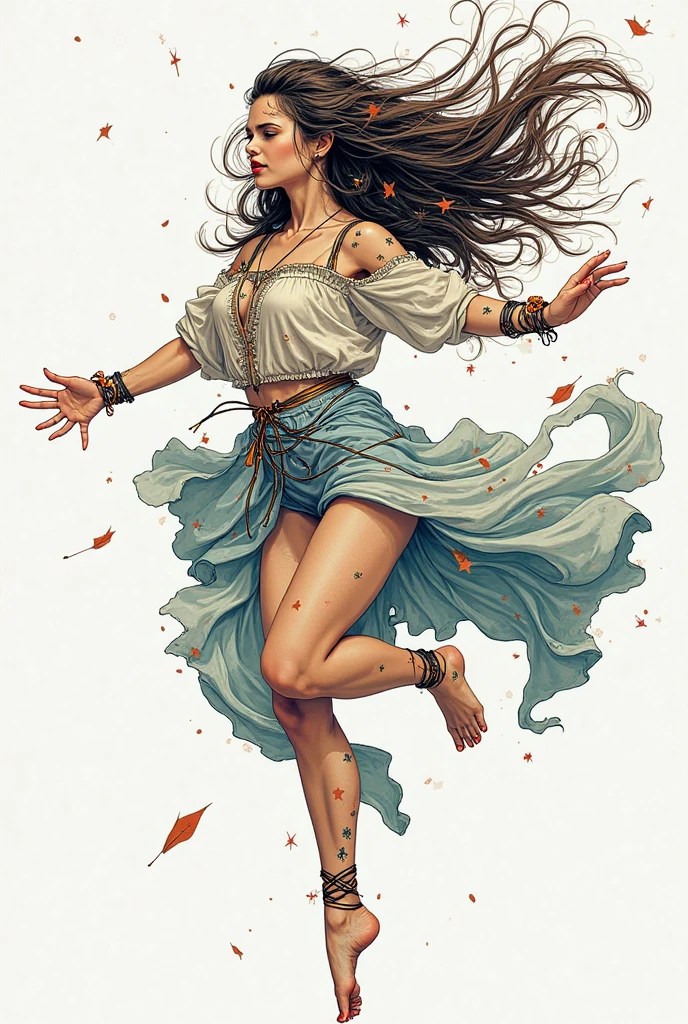 51 yo witch in a fantasy world, striped thigh-high socks, posing for viewer, messy curly hair, asymmetrically placed hair, tall woman, flowing garb, stunningly beautiful woman, arms outstretched in casting motion, arm sleeves, devious eyes, seductress