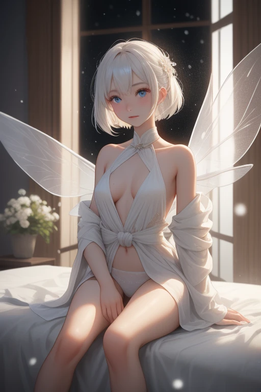 melancholy lighting, quiet, calm, brightness, masterpiece, best quality, 1girl, (JinxLol:1.2), (ultra photorealistic:1.3), (masterpiece:1.4), best quality, ((realistic)), high quality, ultra detailed, ((real image)), ((realistic skin)), ((realistic face)),(illustration:1.05), (beautiful:1.05), (beautiful detailed eyes:1.05), (cinematic light:1.1), full body, precise proportions, 18-year-old girl, skinny model lying next to the bed, SHORT BLONDE hair fluttering in the wind,  tulle, long legs, feet slightly open, buttocks, blush, shyness, collarbone, abdominals, double weave, beautiful and delicate face, fair skin, real skin, (face detail), pores, super high resolution, 8k, parameters Best quality, masterpiece, super high resolution, (Realistic 2.0), More details, detailed skin, transparent panties, wide smile, white teeth, hair SHORT CURLY BLONDE voluminous, perfect and well-designed eyes,  Girlfriend, Beautiful, Beautiful, Flowers, Studio Lighting