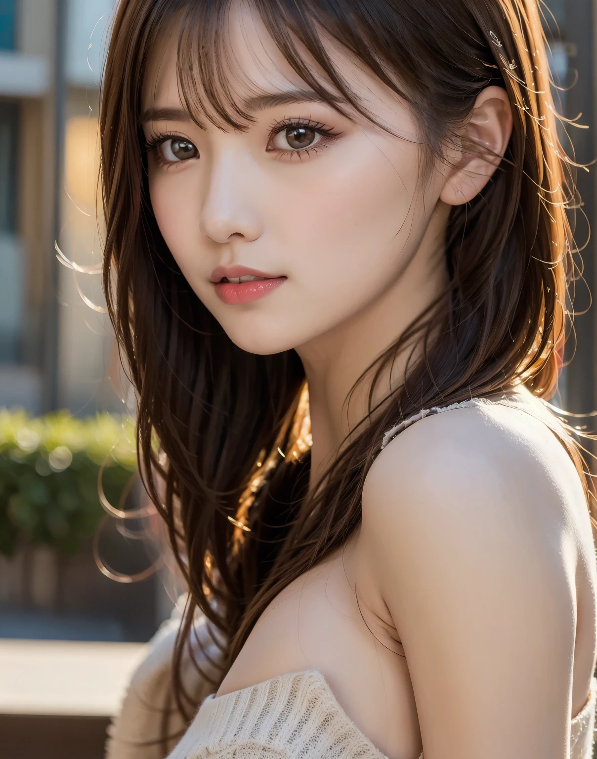(Photoreal Stick:1.5, masutepiece:1.5, RAW shooting, 8K), (top-quality, ​masterpiece, 超A high resolution), morning, (Shoot with blur:1.7), (fog the lens:1.6), (reflect light onto the lens:1.7), ((sunrises, Sunlight coming in from behind:1.7, morning日の陽光が画面いっぱいに広がる:1.7)), ((morning日の陽光が女性を照らす:1.8)), ((画面全体がmorning日の陽光のせいで白く霞んで見える:1.8)), ((女性はmorning日の陽光でぼんやりして見える:1.9)), Face Sharp Focus:1.3, Professional camera work:1.3, Highly detailed skin and facial texture:1.3, Grow Light Effect, The ultra-detailliert:1.3, 1girl in, Fair skin, (Sense of clarity:1.4, a small face), Extremely beautiful face:1.5, (Sense of clarityを感じる目:0.9, looking distantly), A smile:1.0, i love you completely:0.8, (Slightly open mouth:0.4, Sense of clarityを感じる口当たり:0.7), 二重まぶた, Dark brown medium hair, necklace and earrings, (Japanese silver kimono, off shoulders)