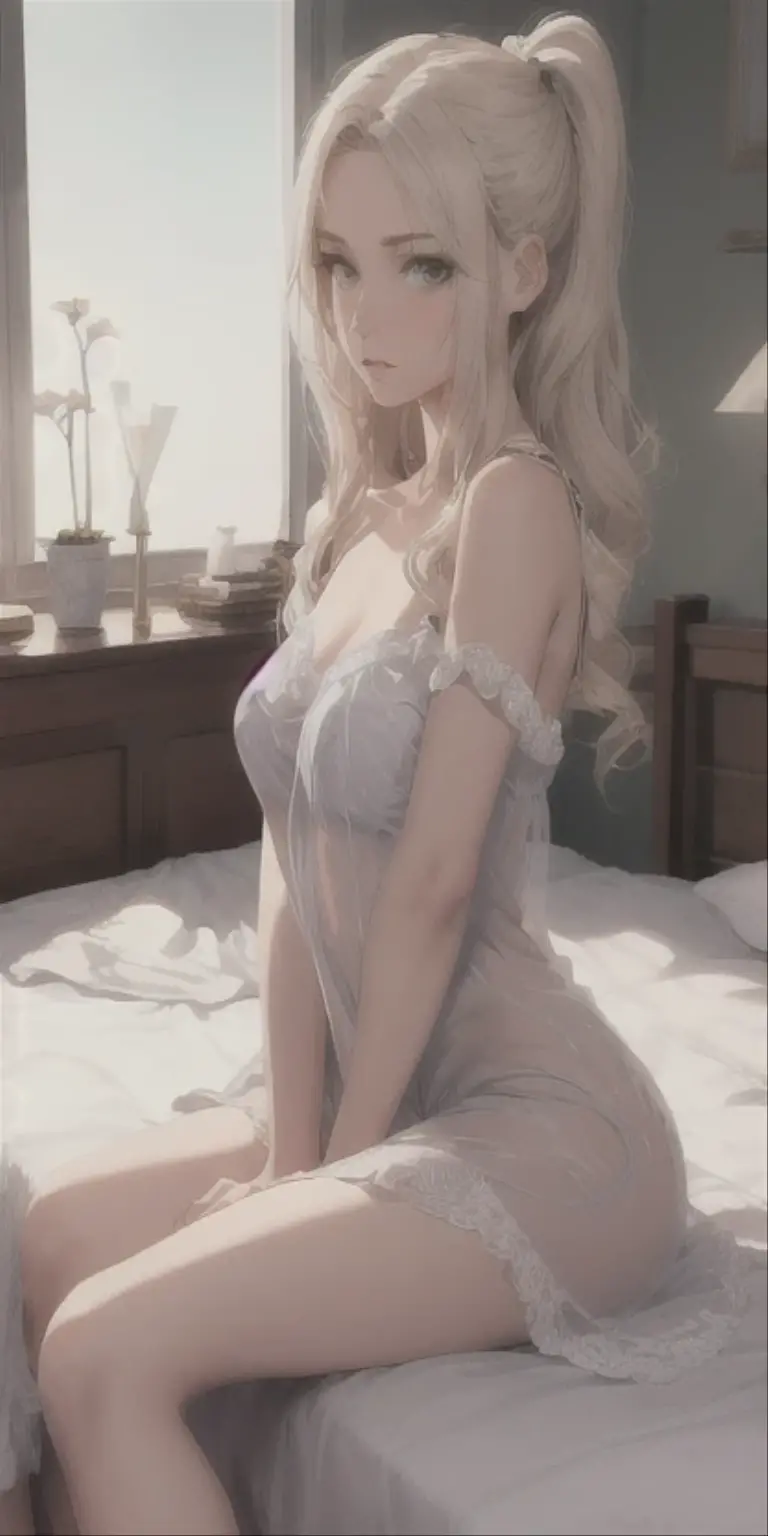 girl, closed eyes, blonde hair, white transparent dress, long dress with deep slit, white wings, gold accessory, mature girl, big breast, cleavage, prone, sleeping