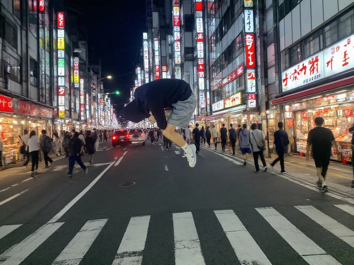 Japanese Bboy dressed in hip hop clothes, performing a breakdance freeze in front of Mount Fuji, with the volcano in sharp focus and the background blurred, creating a cinematic atmosphere. The bboy's pose should convey strength and dynamism, contrasting with the serenity of the mountain. dramatic lighting, with sun rays hitting the bboy and Mount Fuji, Enhancing the Scene. Visual Style: アニメ, cinematographic, realisitic.