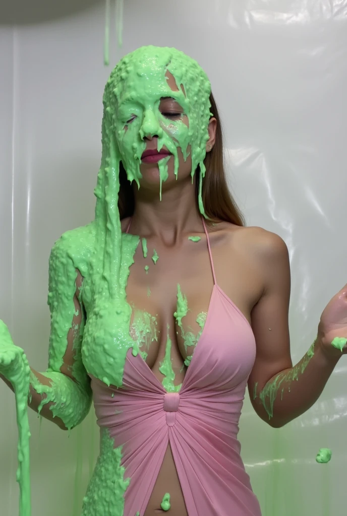 ((Best quality, 8k, Masterpiece: 1.3)), Sharp focus: 1.2, A beautiful woman with perfect body: 1.4, Slim abdomen: 1.2, ((Layered haircut, Large breasts: 1.2)), (no bra) (Small), slime bucket above her head, ((Green slime falling down)) high quality, best quality, masterpiece, 1girl, smile, long hair, stage, Tv game show, attractive brunette, slimed woman, ((green slime falling on her hair and face)), woman standing in a glass tank, laughing crowd, shallow depth of field, large audience, Slimed, woman, shocked, photorealistic, full length, bright studio, crowd behind.