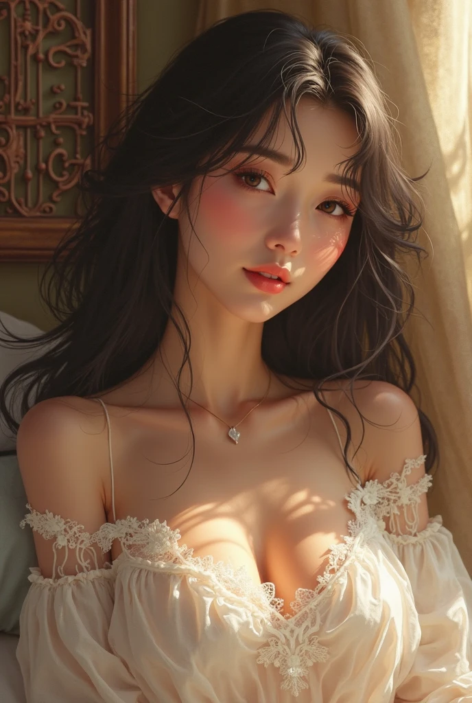 Amazing portrait of a sexy woman with a beautiful face emphasized by sexy makeup with beautifully detailed eyes and beautifully detailed lips and an extremely detailed eyes and face with long eyelashes wearing a detailed olive green top and white cargo pants with a sexy and seductive gaze and her soft lips parted in a smile as she's blushing intensely with her black luscious long straight hair having a perfect body with a medium chest and cleavage resting on a bed with her head on a pillow facing the viewer with harmonious lighting and colourful and vibrant tones