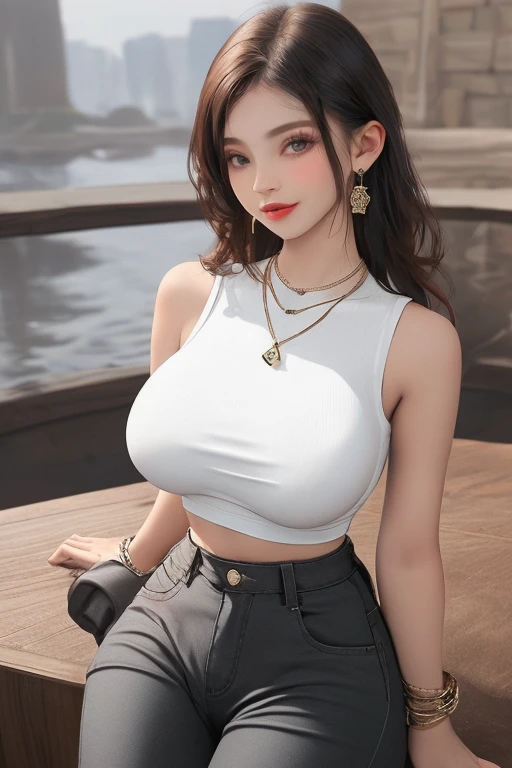 Realistic、Realistic、highest quality、ponytail、Natural Lip、Fair skin、Great light、Beautiful lighting、bangs、Off the shoulder、Large Breastsの谷間、Large Breasts、(Clothing that shows the navel)、Short tank top、Damaged Denim Shorts、Gorgeous Accessories、Harajuku、smile、かわいいsmile、Crowds in the city