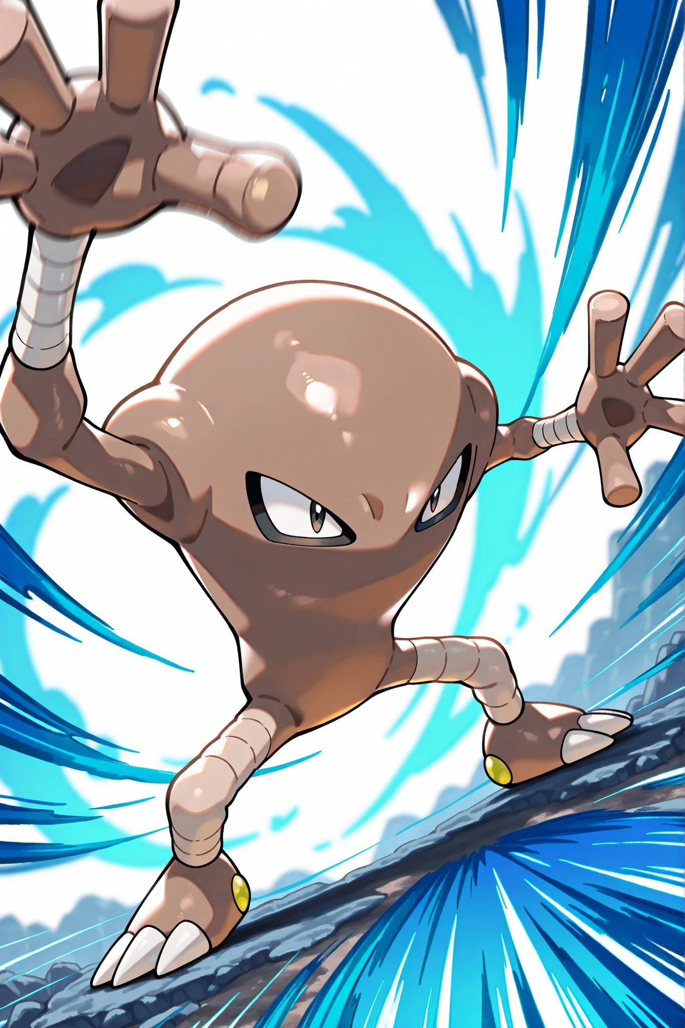 Hitmonlee(Pokemon)。motion blur effect。Dynamic、kick、伸びる片脚, no humans, pokemon 、Hitmonlee、白い段付き足