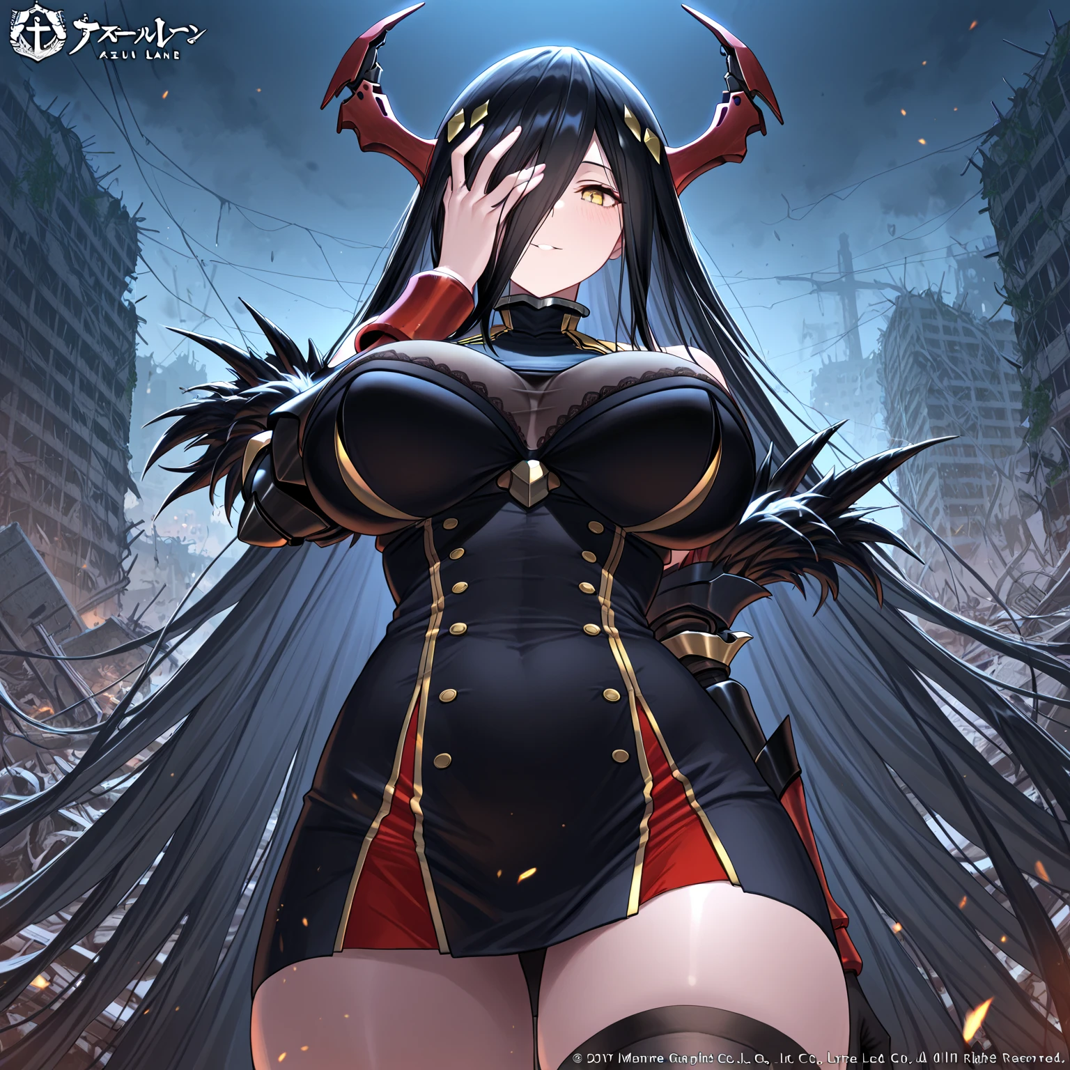 masterpiece、Highest quality、Beauty、Giant Spaceman、Giant aliens、smile、Open mouth and show teeth、beautiful身体、simple、beautiful、Anime illustration、Draw a woman in a big way、Completely naked、Large Breasts、Giantess、Hall々Stand with、Hands on hips、giantess、Black Hair、Long Hair、Low - Angle、Destroyed small town、Destroyed Tokyo、City in Ruins、Smoke is rising、The fugitive々、Destructive illustration