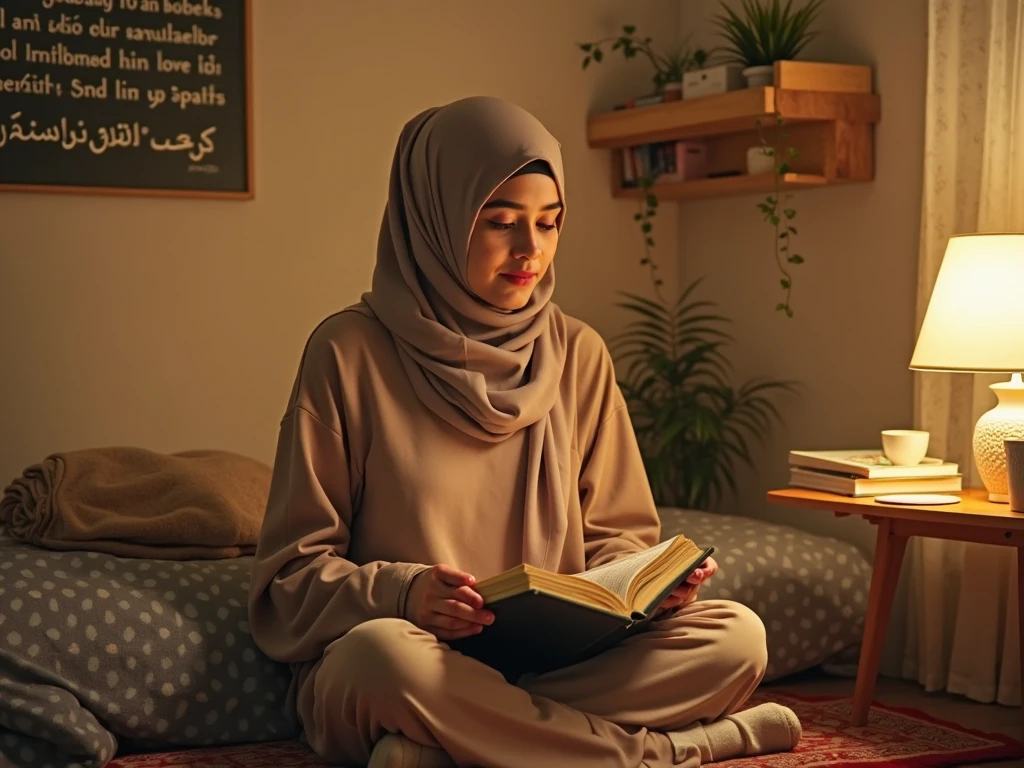 A photoof Muslim Woman wearing hijab with a book in his hand. The man is listening to an audiobook closed eyes on Relaxing chair