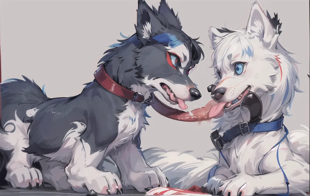 Duo, threesome, group sex, score_9,score_8_up,score_7_up, source_cartoon, kemono style, two girls,  Anthro furry hellhound, loona from helluva boss, furry body, white eyes, red sclera, pov, pov blowjob, they are both sucking viewers cock, human viewer