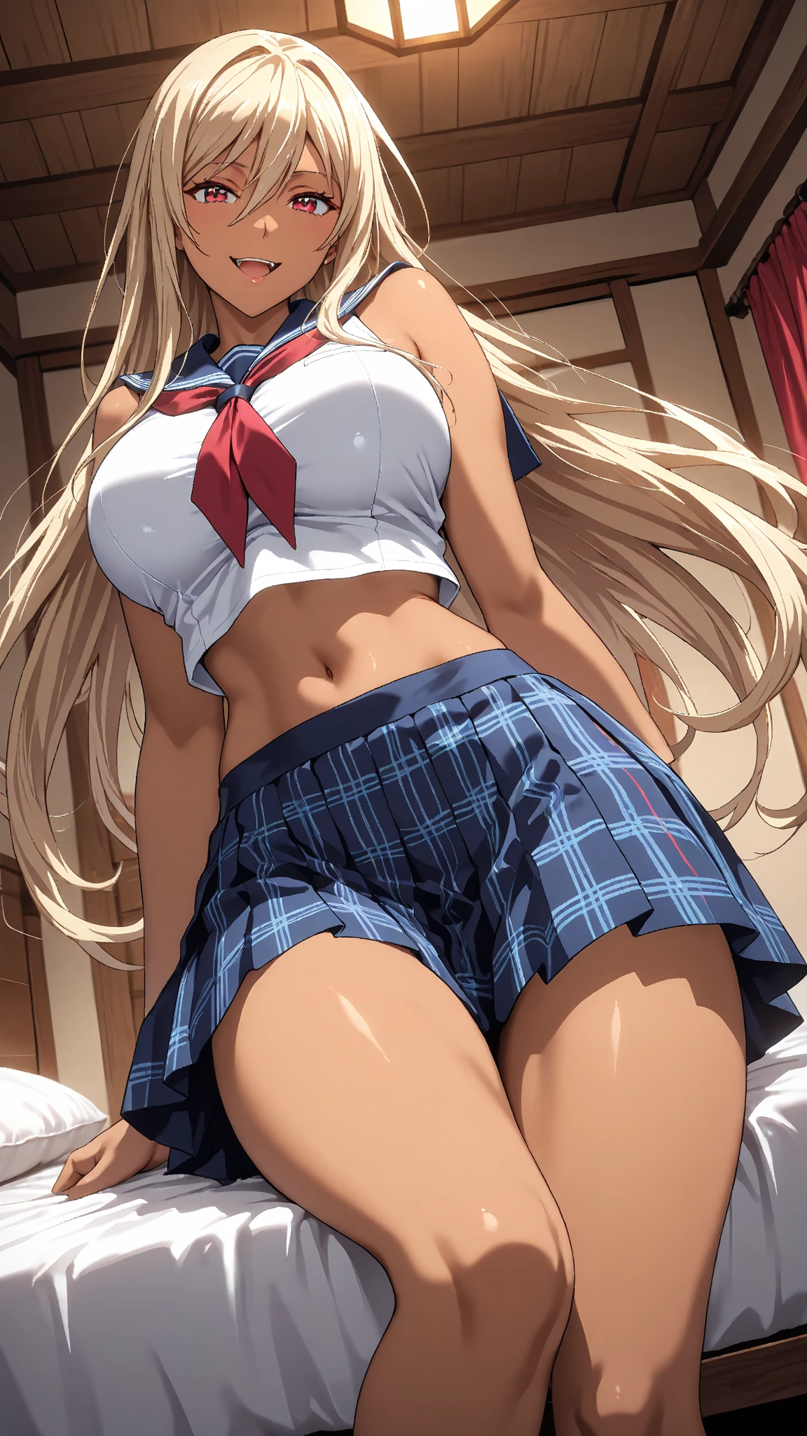 Angle from directly behind、Glaring expression、A look of disdain、Open your mouth、(Anime works, Anime Style, Studio Anime, Very detailed, Latest, Vibrant, Anime Coloring, High Contrast, masterpiece:1.2, Highest quality, Best aesthetics), A woman wearing a sailor suit, Pleated skirt,Skirt flip、 Big Breasts, , Thighs glimpsed,White see-through panties、、Leg spread、 blonde, Straight long hair, Perfect proportions, Skin with attention to detail, cute, Detailed face, Random sexy poses, School classroom, Accurate Fingers,