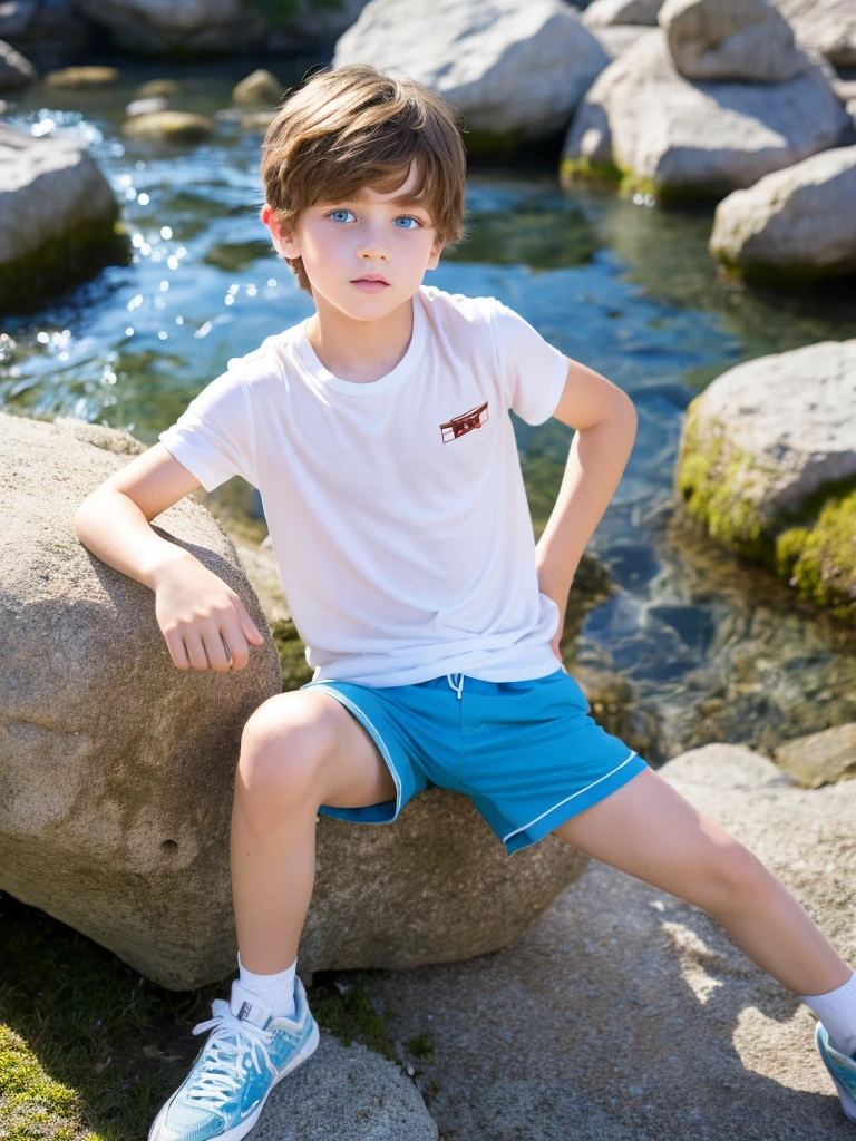 A 10-year-old boy in short shorts next to a rock white skin light brown hair blue eyes fine features handsome boy
