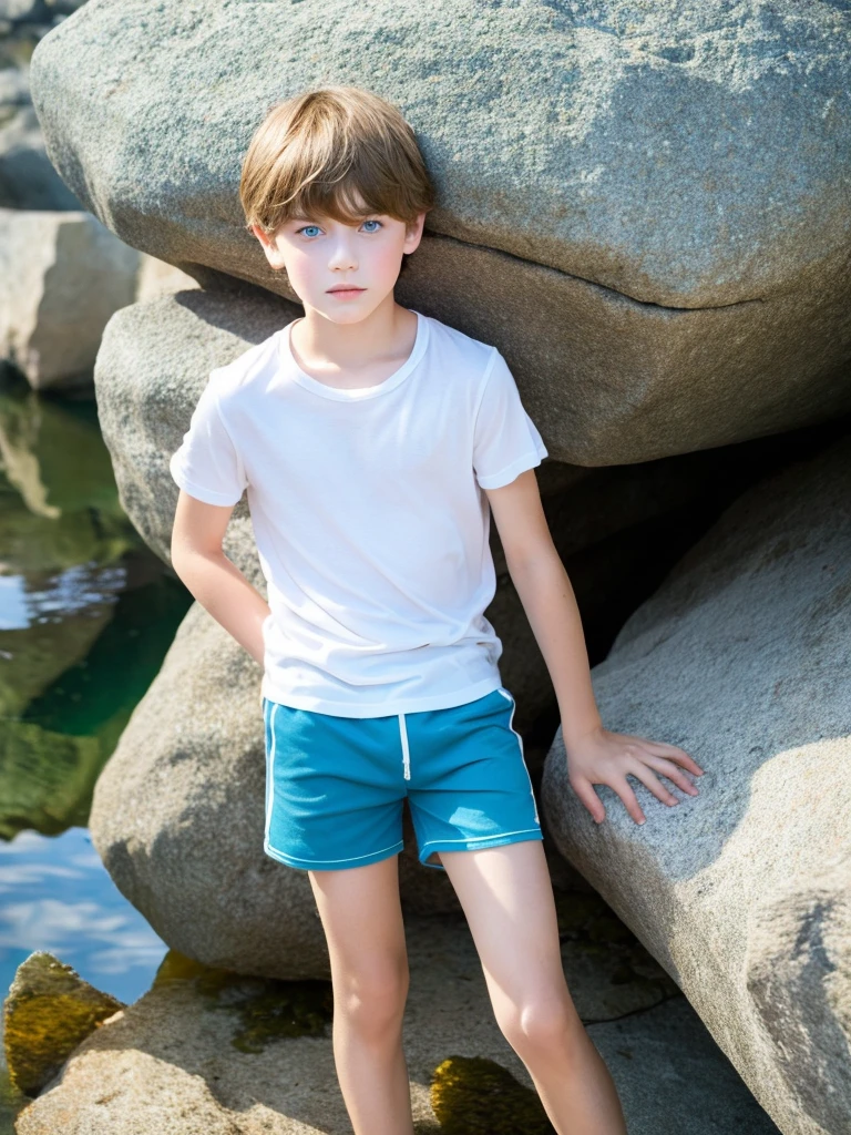 A boy, White skin, fine features, European, light eyes, White skin, shirtless, thin and very short shorts, in a very beautiful lake, playing with water.