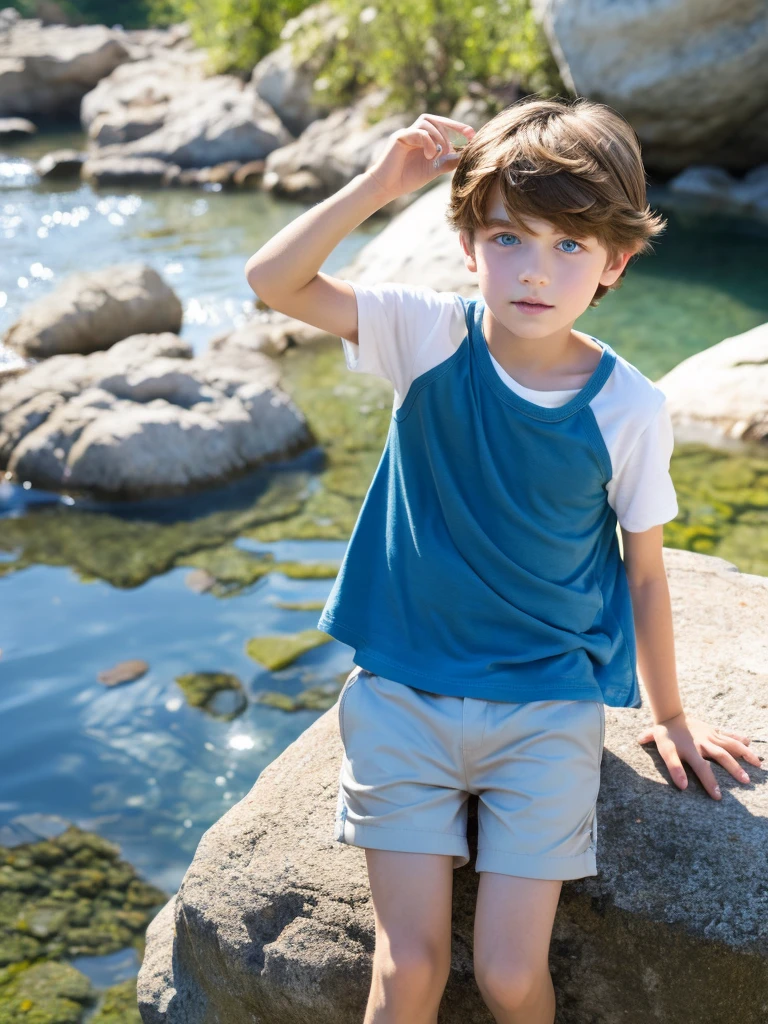 1boy, blonde hair, tank top, shorts, full body, blue eyes, looking at viewer