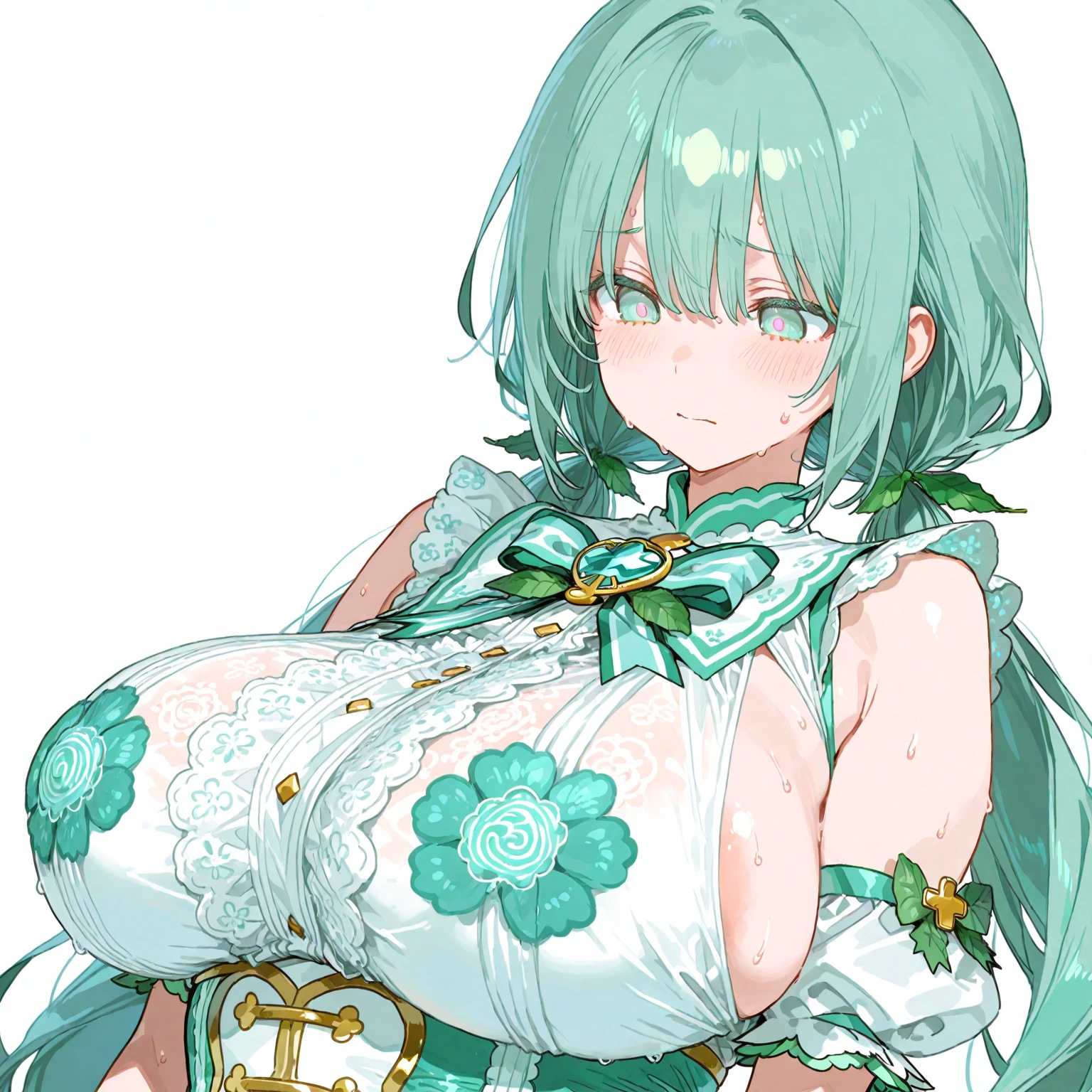 FaunaBase, mole under eye, antlers, long hair, braided bangs, hair flowers, blue ribbon, two-tone dress, blue dress, white dress, high-low skirt, single thighhigh, white thighhighss,,,aged up,,,,(masterpiece),(best quality),(ultra-detailed),(best illustration),(best shadow),(absurdres),(detailed eyes),(very aesthetic),1girl,dim lighting,in bedroom,horny,in heat,,heavy breath,shiny skin,sweat,,,,embarrassed,covering breasts,