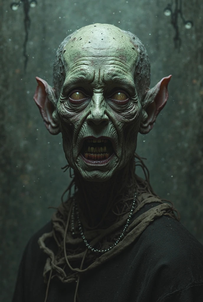 A horror scene with the text "BOA TARDE" in extra bold, gothic style at the top. An old, decaying man with deeply wrinkled skin, wearing filthy, tattered clothes, stands amidst a terrified crowd. He has one white eye and one green eye, and he is smiling with a toothless grin. The scene is ultra-realistic, with the old man appearing grotesque and eerie, surrounded by a dark, chaotic atmosphere, evoking a sense of fear and despair.