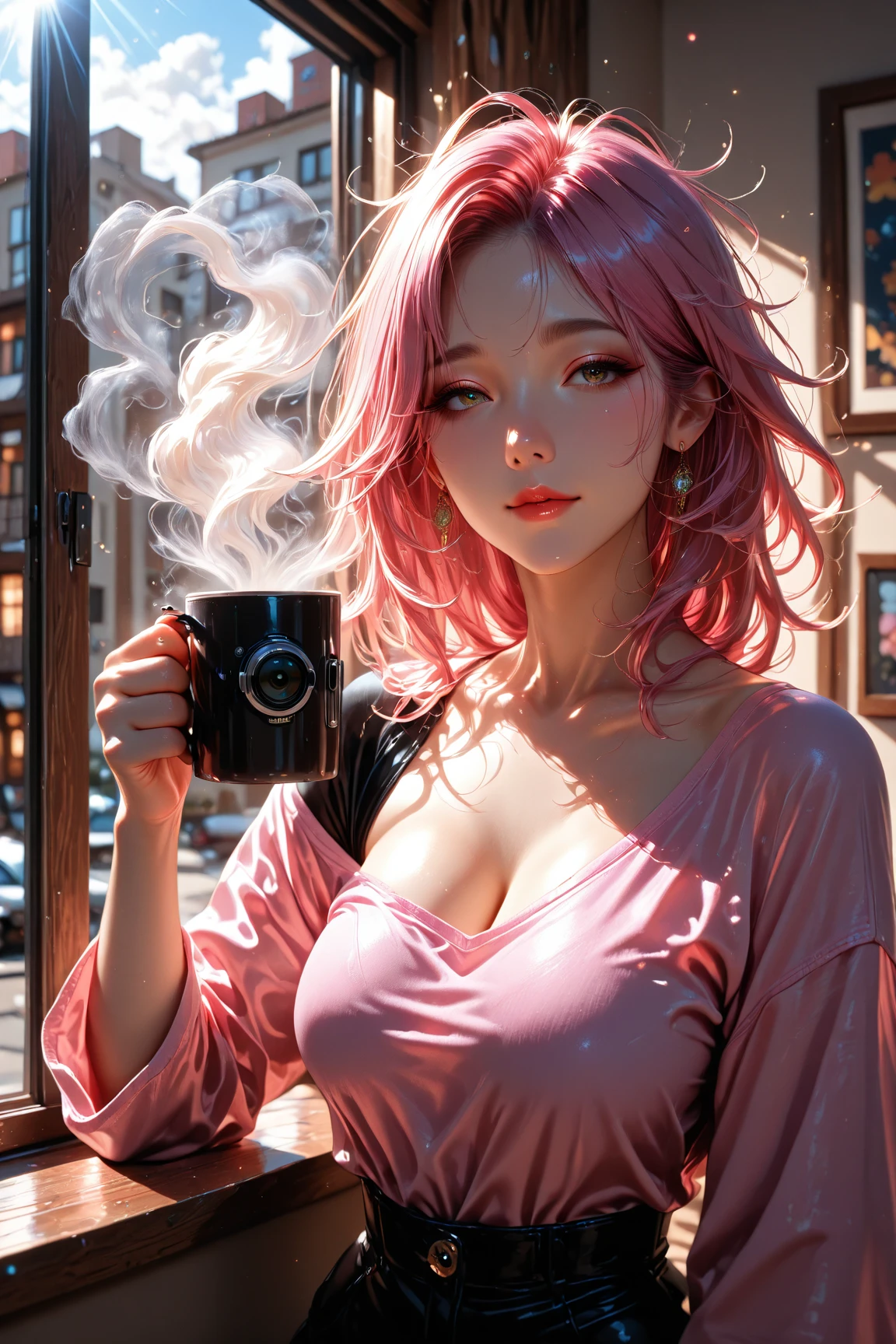 Best quality, Masterpiece, Portrait, Perfect anatomy, Femininity, Cool, Flawless, , Solo, Sexy, Stylish, Mature, Purple eyes, Long light pink hair, Mole above lip, Red lipstick, Big breasts, cofee, dressin a coffee shop with coffee