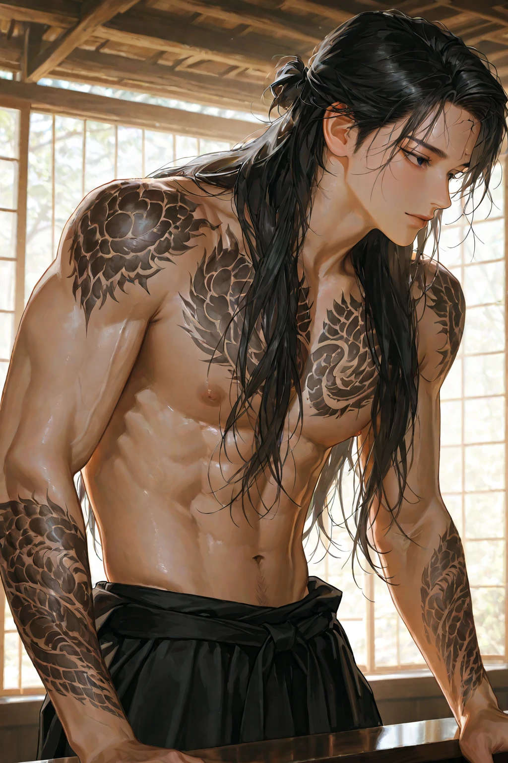 shirtless man, red eyes, long black hair, tattooed on the body, Japanese tattoo