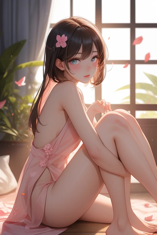 anime girl with a cute breast sitting on a floor with her legs crossed A symphony of highly detailed wonders, illuminated with smooth lighting; behold the hyperrealistic marvel trending on ArtStation, Shot with Canon EOS R5 Wide Angle Lens,, crafted in Greg Rutkowski style