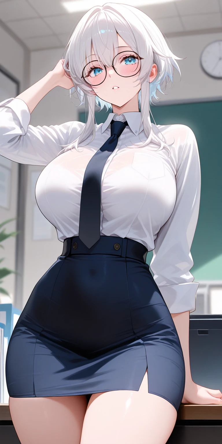 1 Woman, solo, dark elf, matured, seductive, dark skin, extremely dark skin, silver hair, short hair, pointy ears, yellow eyes, lips, thicc, large breasts, large buttocks, office, office lady, white shirt, black office vest, red tie, absurdres, high res, ultrasharp, 8K, masterpiece, looking at viewer