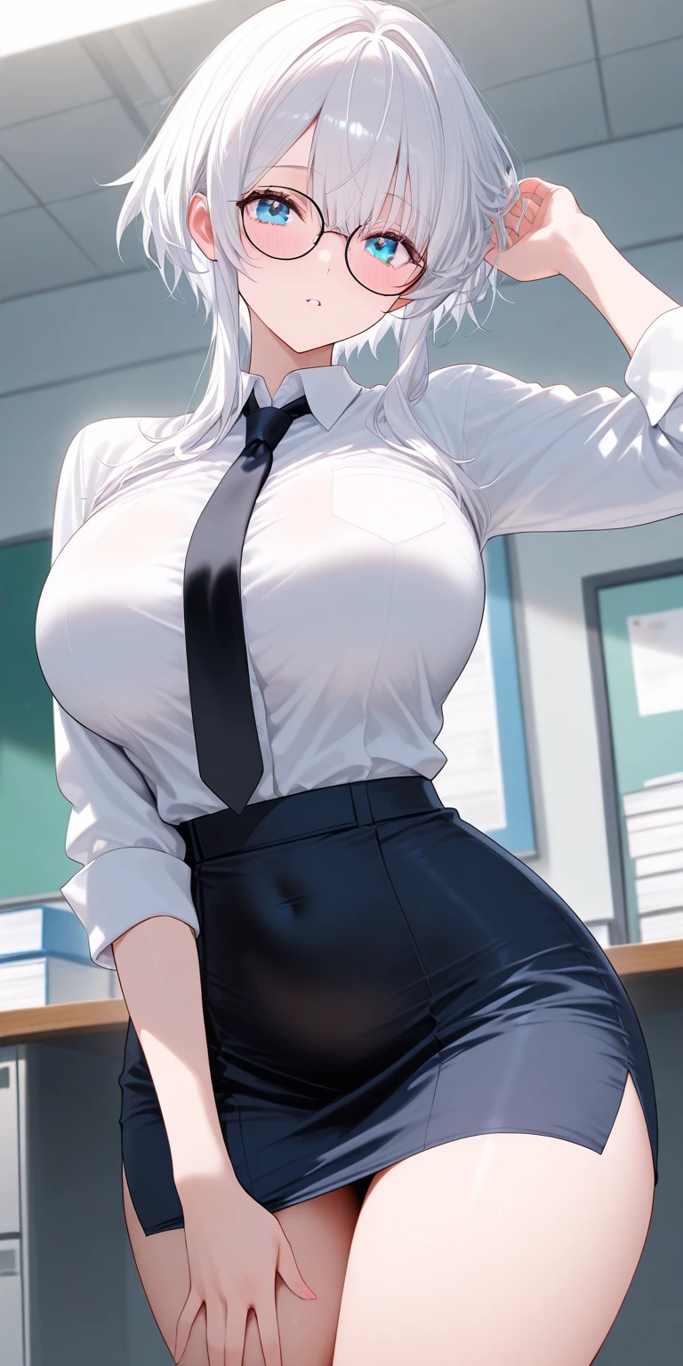 ((masterpiece)), (best quality), beautiful, extremely detailed face, perfect lighting,ultra-detailed,((expressionless)),((cold attitude)),((tsurime)),((tareme)),breasts,((Mature female)),((yukino, long hair, smile, bangs, (big breasts:1.2), braid, silver hair, braided ponytail, blue eyes, ringed eyes,
shirt, long sleeves, white shirt, necktie, collared shirt, pants, black pants, formal, suit, black necktie, shirt tucked in, office lady, full body