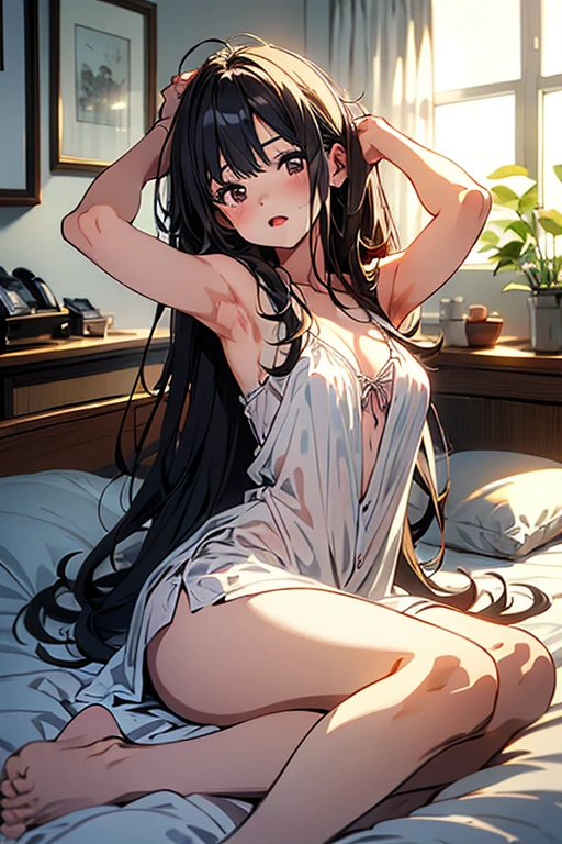 In the heart of an anime world, a dark-tan skinned girl, adorned in a bikini top that accentuated her curves, and a long flowing skirt, found herself nestled comfortably against a handsome white boy. The boy, clad in a simple t-shirt, tenderly cradled her waist, providing solace to her tummy as they shared a peaceful slumber. The scene was depicted in the highest quality, with each stroke of the brush bringing out every intricate detail. The bedsheet beneath them was a soft, snowy white, and the room was filled with a gentle, warm glow. The background was a tranquil blue sky, dotted with fluffy white clouds, creating