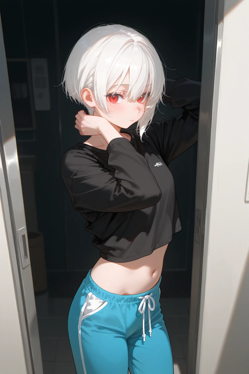 ((Put your hands on your face)), ((Slouched)), 1 Whole body of a girl, elvish, silber hair, Red Eyes, bob cuts, Braided hair, Fluttering hair, sports wear, Short tank top, Long spats, Embarrassing, red blush, gender change, concept-art, beautiful anime scene, Beautiful anime scenery, top-quality, masterpiece