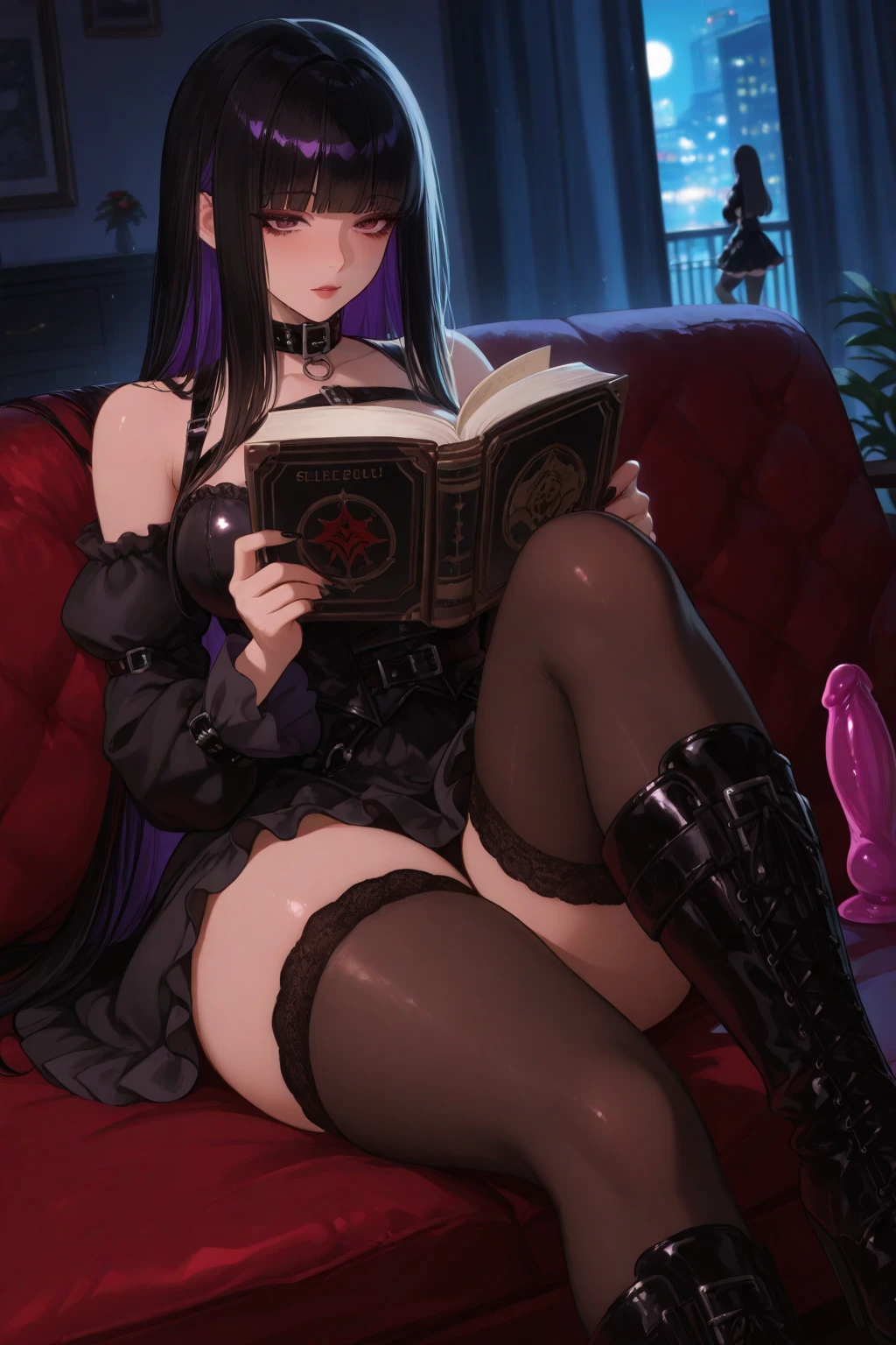 women, long black hair with purple streaks, dark crimson eyes, long nails painted purple, 2 collections, flirtatious smile, Broad smile, bright smile, black overall skirt and a purple blouse with lace edging the neckline, (round lenses), sitting in an armchair in a room drinking tea.