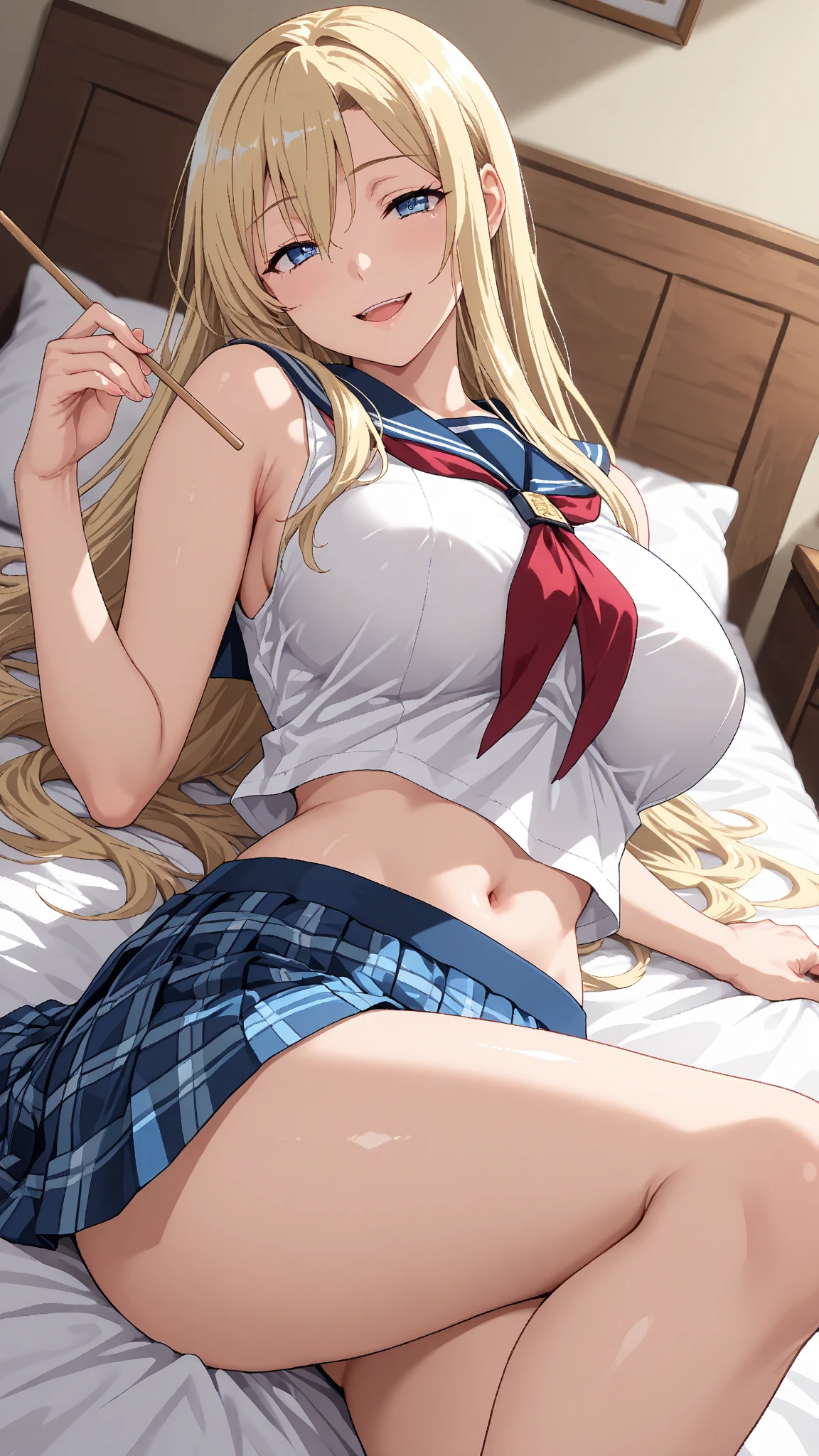 One female, Kitagawa Marin, Blonde long hair, Ample breasts, High School Summer Uniforms, Hands restrained behind the head, White lace string panties, On the hotel bed, Photo session, Violent sex with multiple men, Overflowing love juice and semen, Lying down, Having one's clothes violently torn apart by multiple people, Torn clothing, Half naked,