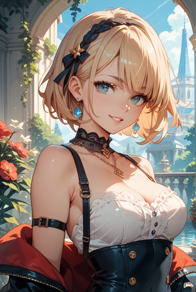 Young blonde girl, black eye patch, twin large ponytails, 
BREAK (masterpiece:1.2), best quality, high resolution, unity 8k wallpaper, (illustration:0.8), (beautiful detailed eyes:1.6), extremely detailed face, perfect lighting, extremely detailed CG, (perfect hands, perfect anatomy), joyful, laughing, Happy, corset with deep lace neckline, portrait (3:4), posing. In darkness next to a scary castle.