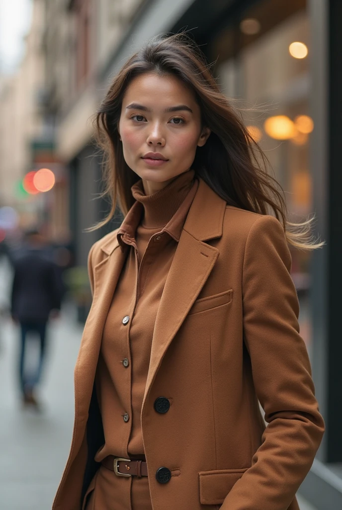 beautiful brunette, woman in brown coat standing on the sidewalk in the city with lights, sophisticated young woman wearing a brown leather coat, woman is in a trenchcoat, attractive woman, photo of a woman, woman in business suit, well-lit professional photo, wearing an extravagant jacket, brown jacket, mid-shot portrait of a gorgeous, 60mm portrait,  wearing a long coat, very detailed, 30 years, innocent face, long hair, natural wavy, blue eyes, high resolution, masterpiece, best quality, intricate details, highly detailed, sharp focus, detailed skin, realistic skin texture, texture, detailed eyes, professional, 4k, charming smile, shot on Canon, 85mm, shallow depth of field, kodak vision color, perfect fit body,  extremely detailed, foto_\(ultra\), photorealistic, realistic, post-processing, maximum detail, roughness, real life, ultra realistic, photorealism, photography, 8k uhd, photography