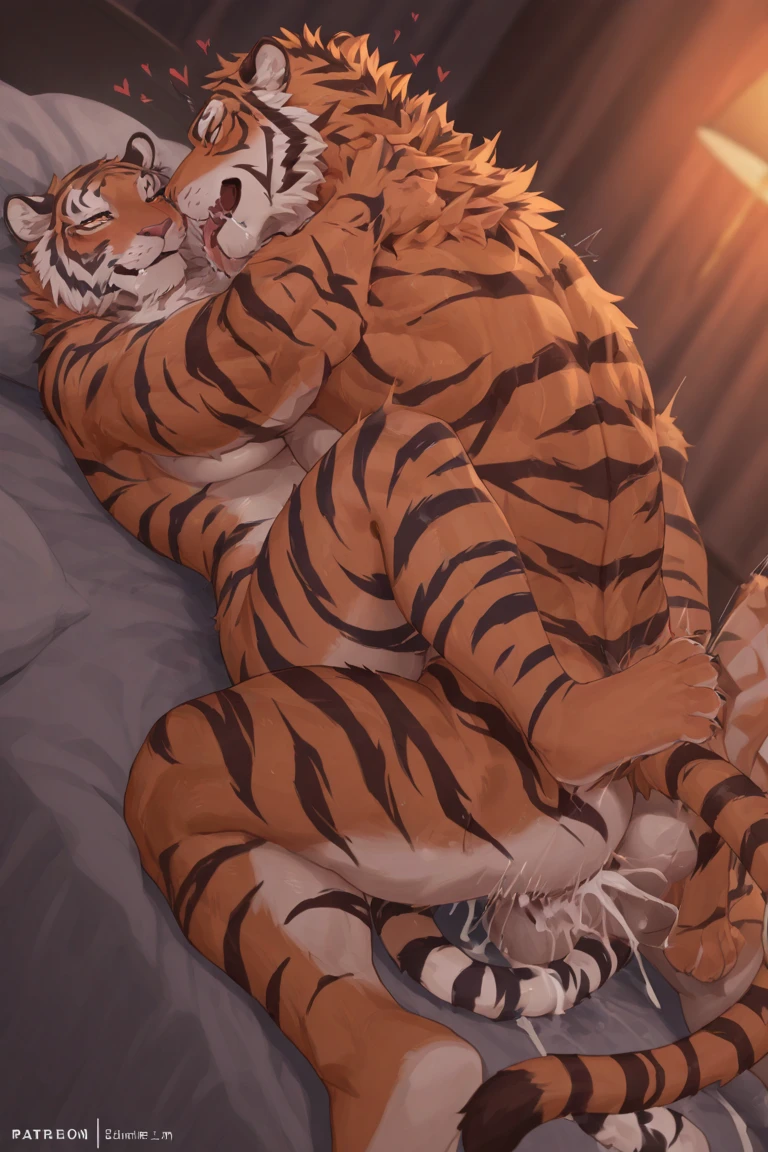 Por favor crie uma imagem de um jovem (humano, macho, 22 anos, cabelo curto castanho e olhos castanhos, pele parda) Lying on the bed being hugged from behind by an Anthro Tiger (peludo, macho, forte, pequena barriga, pelagem fofa, olhos verdes, cabelo marrom claro), visto de cima, They're asleep, The two of them are in their underwear, light sheets, are bathed in the morning light