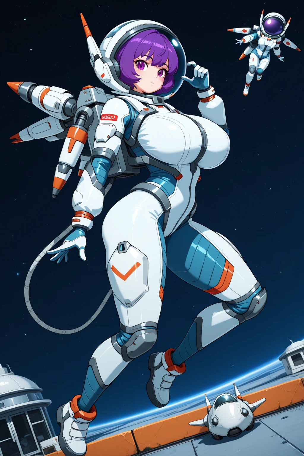 (full body photo:2), (one/woman/mechanical:1.8), (extremely large breasts:1.8), (all mechanical body:2), (with bionic armor:1.5), white with black gears, (she is inside a spaceship near the window seeing outer space:2), (she has very short purple straight hair:1.4), (blue eyes:1.4), (moaning:1.5), (blush:1.5), (is doing sensual poses standing up for the viewer:1.5), anime style, Anime, 16k, high quality, textured skin, UHD, award-winning