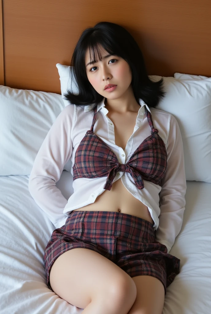 masterpiece,best quality, 10yo ,Japanese girl ,natural lips, bob hair, (black blouse),(tartan check skirt), ((skirt lift)),(White panty),((Sleep with your eyes closed)), Spread legs, ((on side)), bed,