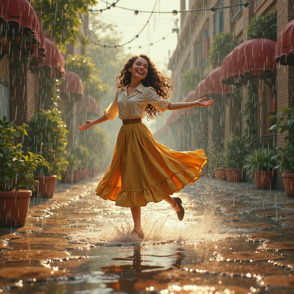Gorgeous young woman isabelmoner-smf, dora, with emotional eyes and wet hair in a wet summer floral dress, smiling happily and jumping through puddles in the rain, Flying spray, intricate detials, Intricate, Cinematic, atmospheric, 电影灯光,(Portrait in the style of David Barnett Newton Helmut by Yuri Arkurs), 16k, Dynamic photo,(acrylic:0.75), (Pink: 0,2), (azur: 0,2), (Orange: 0,2) --q 2 --ar 2:3 --c 52 --s 750