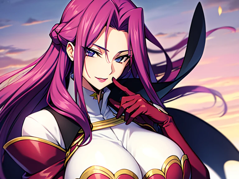 Anime, 1 girl, solo, sprCamilla, hair over one eye, kimtag, red student uniform, crimson colored hair, camilla's huge long fuzzy hairstyle, busty, deep cleavage, genetics's high , firm strong body, expressive eye, perfect anatomy