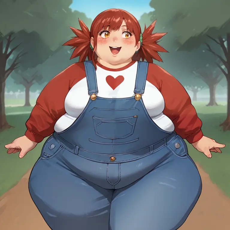 score_9, score_8_up, score_7_up, solo, 1girl, girlfriend \(friday night funkin'\), smile, Black eyes, (Blue overalls no shirt), Farm background, Orange sky, ((chubby body)), ((big belly)), ((chubby thighs)), Black eyes, long hair, straw, sun hat, looking at viewer, sweating