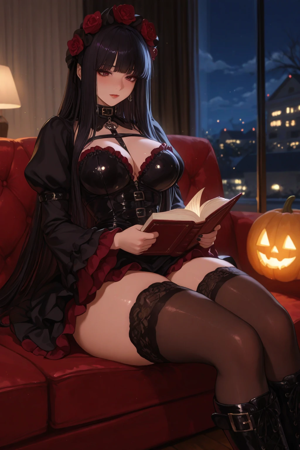 canine, furry, anthro, dog girl, 1female, goth, lace, short skirt, corset top, underbust corset, breasts, nipples, long hair, brown hair, black fur, dark, fur, long ears, floppy ears, circle sunglasses, blushing, breast press, nsfw, bookshelf, candles, shadows, spiderweb, spooky, self fondle, bottomless, pussy, labia, dripping pussy, cum, womb tattoo, kneeling, summoning_circle, witch, creampie, glowing runes, glowing circle, ritual