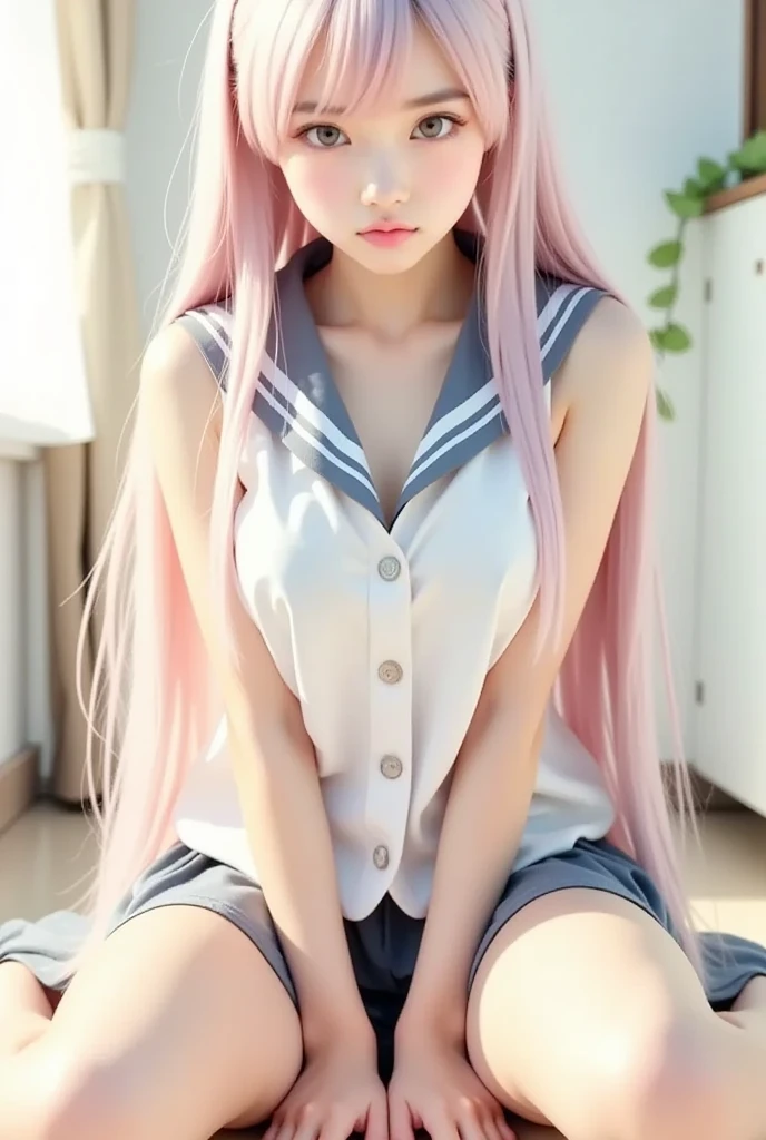 A pink-haired、kawaii、Light pink color、length hair、small tits、Smaller chest、Pink 、M-shaped legs、opens legs、frontage、nudde、barechested、Sexual organics、pubick hair、C Cup、middle school girl、japanes、Female genitals、childish