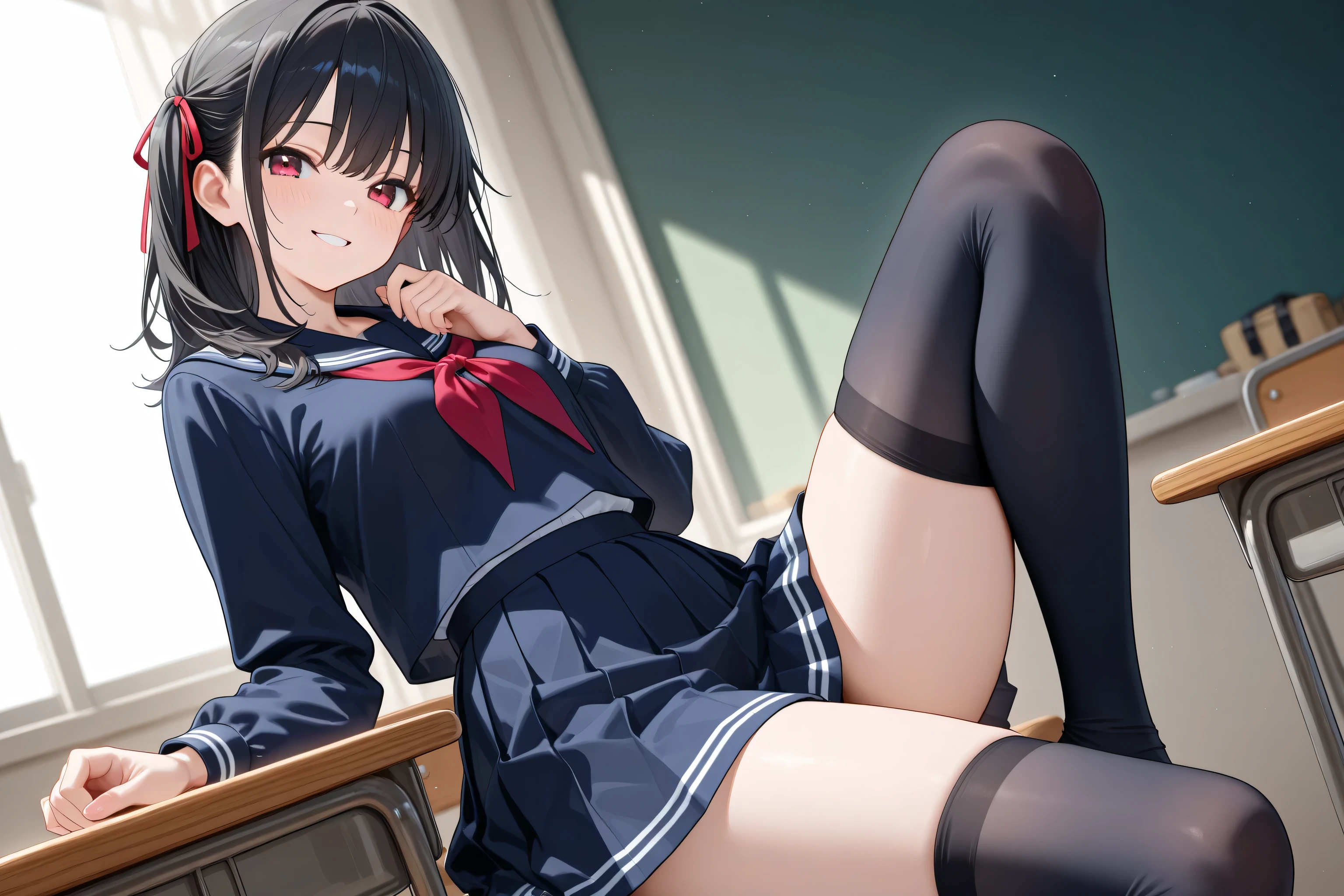 One girl in a mini skirt, Squat with your legs wide apart、Looking down at the viewer, ponytail, Highest quality, Focus on the thighs, Dynamic pose, smile, blazer, blouse, Black Pantyhose, panties under pantyhose, , classroom, Black Hair,My thighs are steaming between the legs 、Sweaty pantyhose