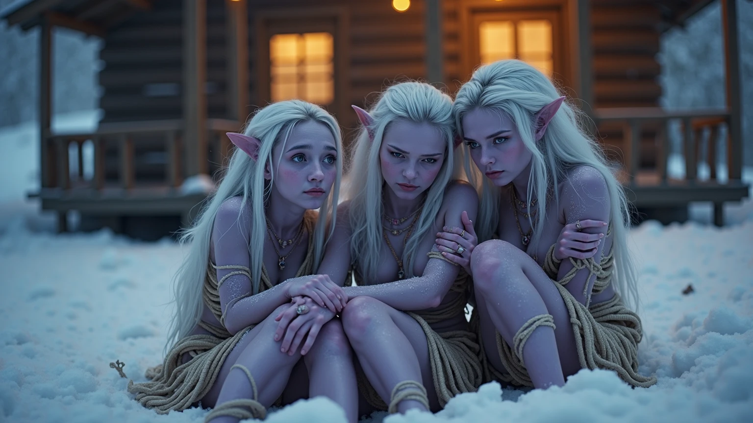 Six young elves, fur as white as snow. one with black hair, one with light red hair, And another with white hair. greenish blue eyes. The three beautiful elves are on the bed, one of four, another lying with her legs open with another on her knees and her hand on the of the one lying with her legs open. all naked, on the bed, lying down, in a royal room. I see all the elves naked in front of me.
