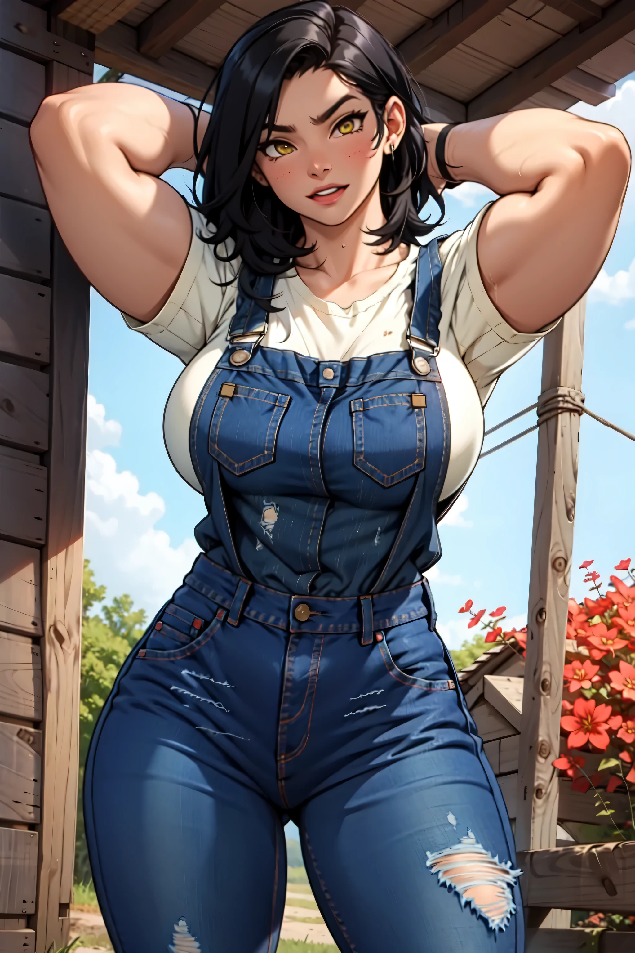 Best quality, solo mature woman, giant breasts, giant ass, very curvy, dark skin, ginger curly hair tied up, ocean blue eyes, full lips, seductive, smiling, red flannel shirt tied short, jean shorts, farmer hat, denim overalls, freckles, thick thighs, curvy physique