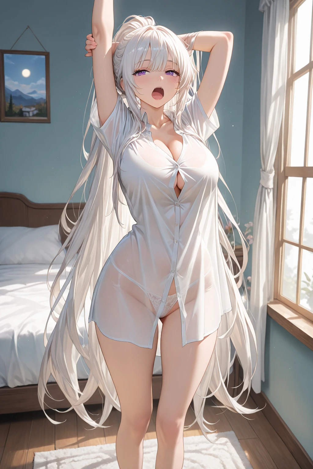 (1 girl),(high qualiy), (high resolution), (extremely detaild), (8K),(shot in the lower body),(she is wearing a nightgown and panties),(wearing black knee-high socks)do not wear shoes,perfect writing,(Beautifully erect nipple shape:1.2),high resolutionの美しい目,(neutral white lighting:1.2),Walking around the city during the day