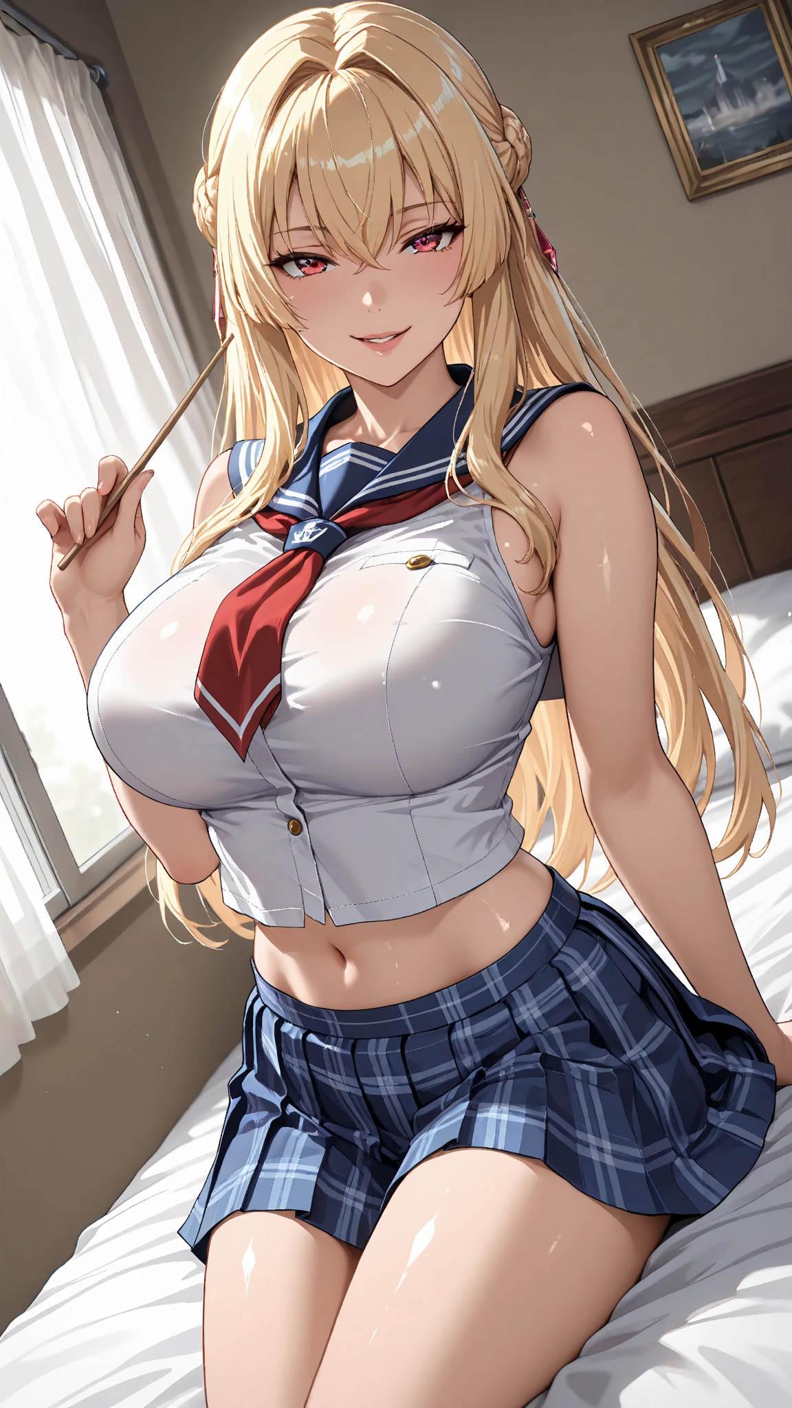 Looking at the audience, whole body, Front view:0.6,
1 girl, Japanese, high School girl, (Long Hair:1.5), Let your hair flutter, (Half Up, Half Updo), bangs, Hair between the eyes, Big Breasts:0.8, No bra、
Beautiful Hair, Beautiful Face, Fine and beautiful eyes, Beautiful clavicle, Beautiful body, Beautiful breasts, Beautiful thighs, Beautiful legs, Beautiful fingers, Beautiful breasts,
(Beautiful views), , School, Grey plaid pleated skirt, Blue checked bow tie)), White panties,
(Are standing, , Lift up the skirt, Grab the hem of your skirt, please put your hand on your chest, Place your hands between your legs),
blush, ,