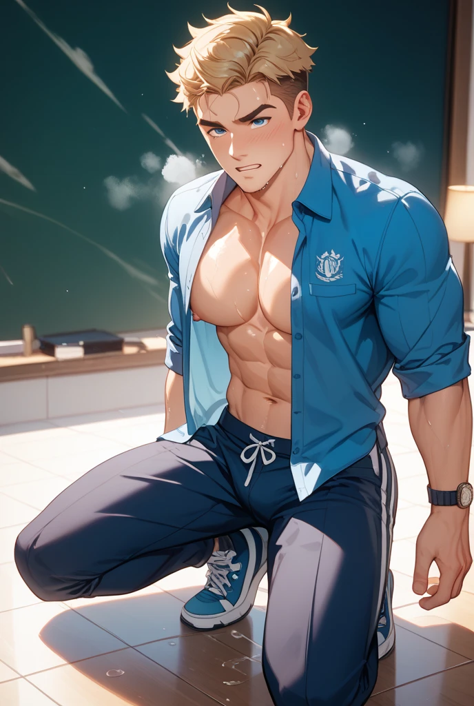 Ruggedly handsome older man, DILF, wearing boxers, bare chest. Dominant, Confident, gentleman,  brooding, solo shot, office