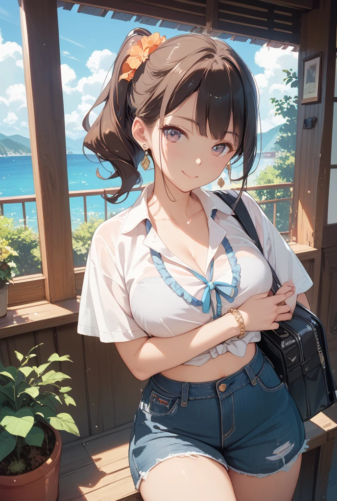 1 idle, Chocolate brown hair, Ocean Blue Eyes, Wearing an ocean blue checked skirt, Plain white button-up shirt with ocean blue ribbon , Absurd, High resolution, Super sharp, 8k, masterpiece,Large Breasts