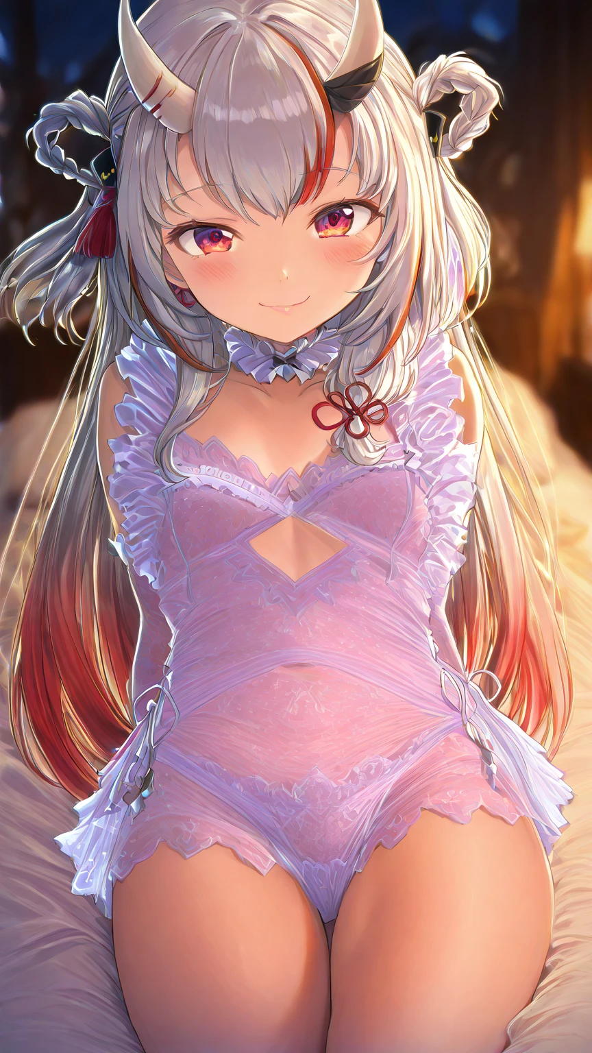 ((best quality)), ((masterpiece)), (detailed), perfect face, perfect body, 1girl, silver medium hair, red eyes, babydoll, ((See-through)), ((frilly nightgown)), Sitting on a bed, Seeing the girl from the front, show up the front body girl, bed background
