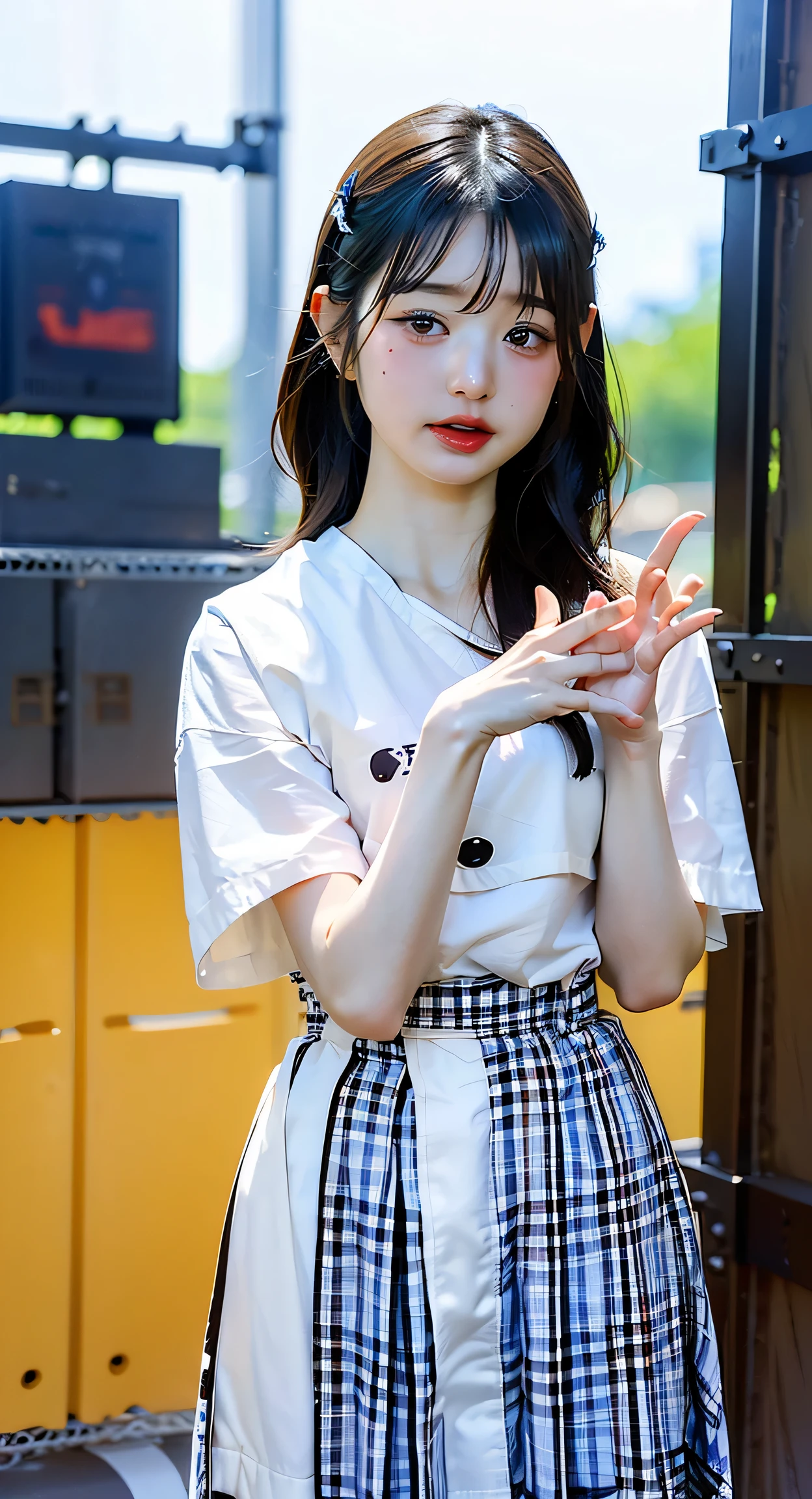 ((best quailty)), ((tmasterpiece)), (the detail:1.4), 3D, A beautiful cyberpunk female image,hdr（HighDynamicRange）,Ray traching,NVIDIA RTX,Hyper-Resolution,Unreal 5,Subsurface scattering、PBR Texture、post-processed、Anisotropy Filtering、depth of fields、maximum definition and sharpness、Many-Layer Textures、Albedo e mapas Speculares、Surface coloring、Accurate simulation of light-material interactions、perfectly proportioned、rendering by octane、Two-colored light、largeaperture、Low ISO、White balance、thirds rule、8K raw data、（White shirt：1.3），（JK skirt：1.3），（large tities：1.3）