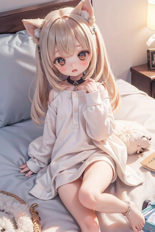 Anime girl sitting on bed, small curvaceous loli, JK service